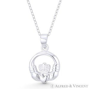 Irish Claddagh & Heart Celtic Luck Charm Pendant in .925 Sterling Silver